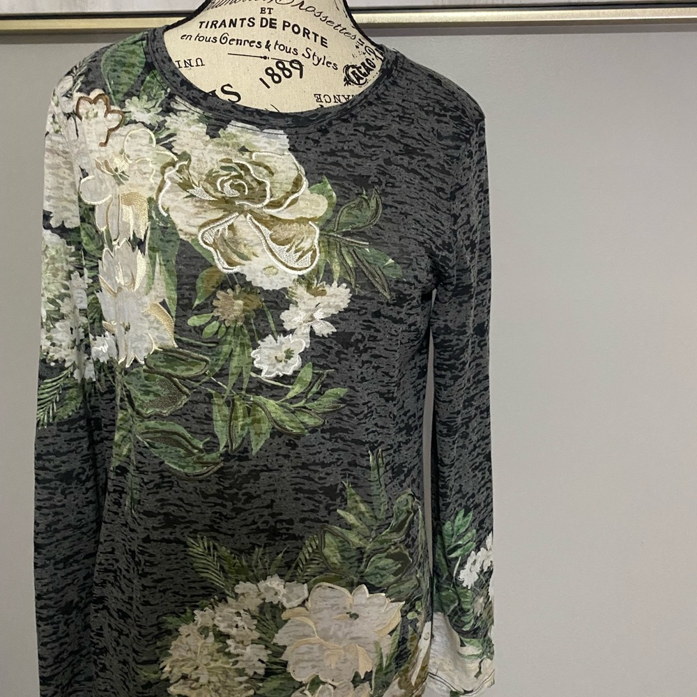 INC International Concepts Floral Long Sleeve Top - Black and Green